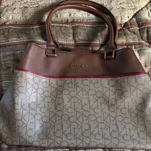 Calvin Klein Brown and Tan Logo Shoulder Bag